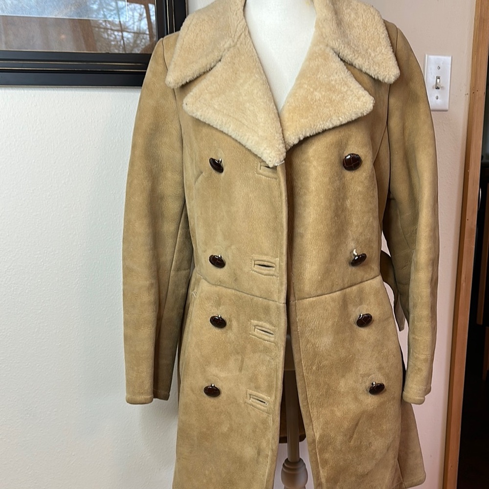 Womens Tan Shearling Coat with Belt - Picture 3 of 6